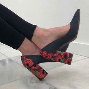 Embroidered Denim Block Heels, SZ 9.5
